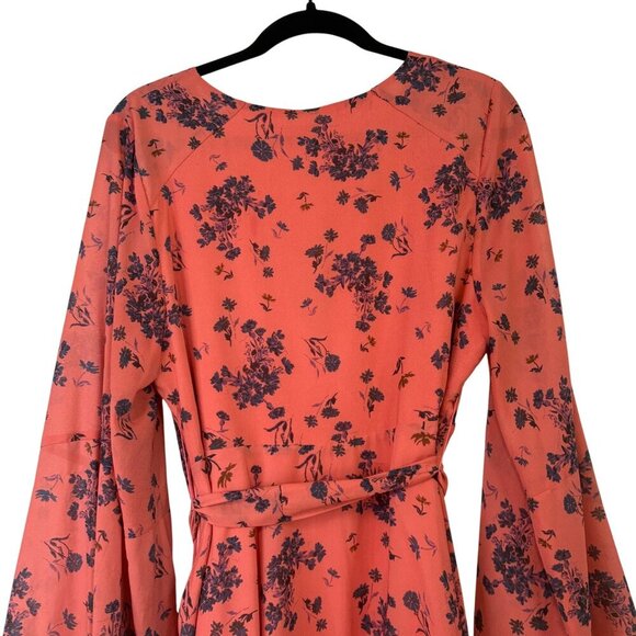Free People Bohemian Coral Floral Faux Wrap Dress With Bell Sleeves Size L - Picture 9 of 10